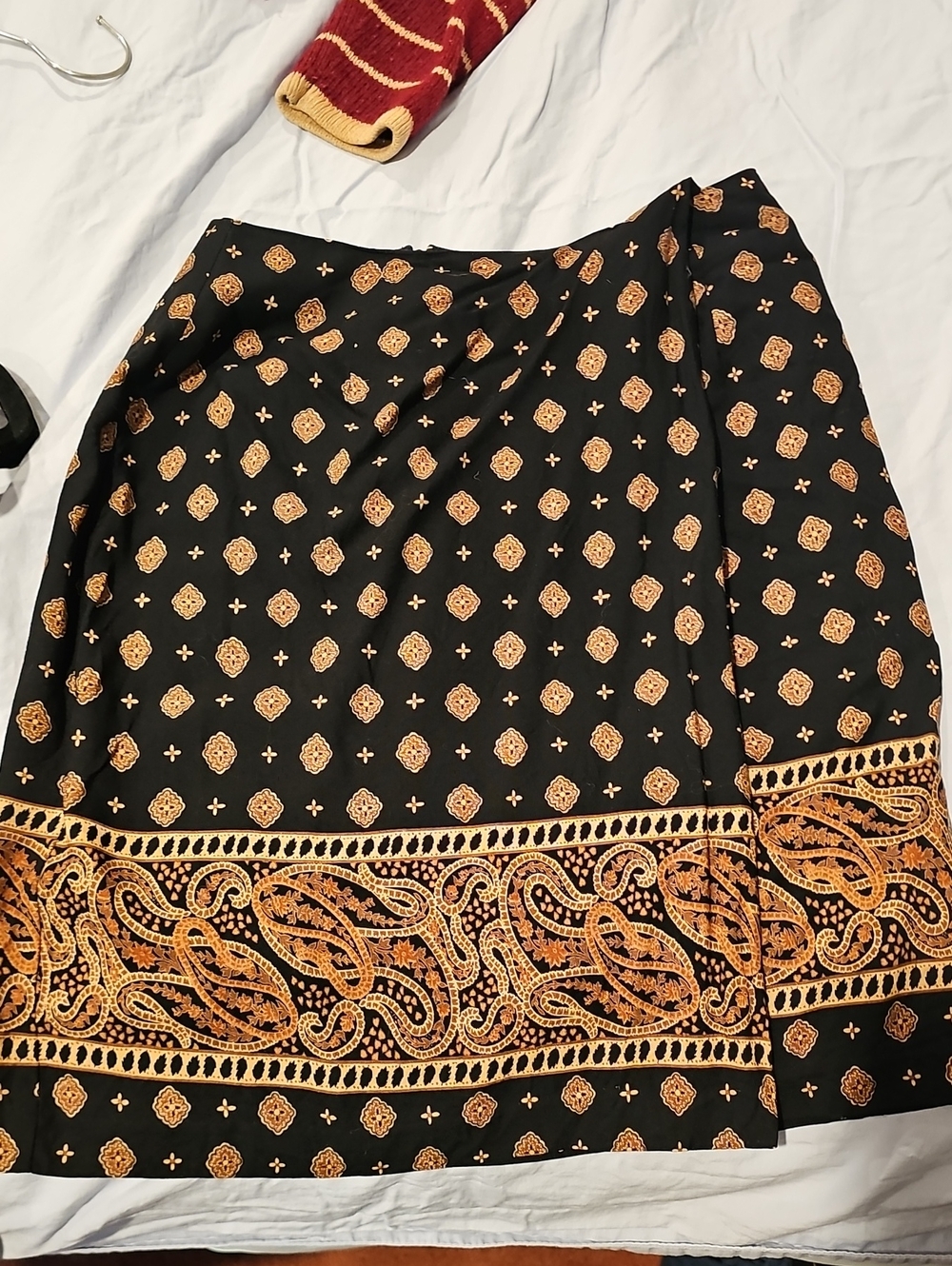 Kathie Lee Black & Gold Patterned A-Line Skirt With Faux Wrap-around